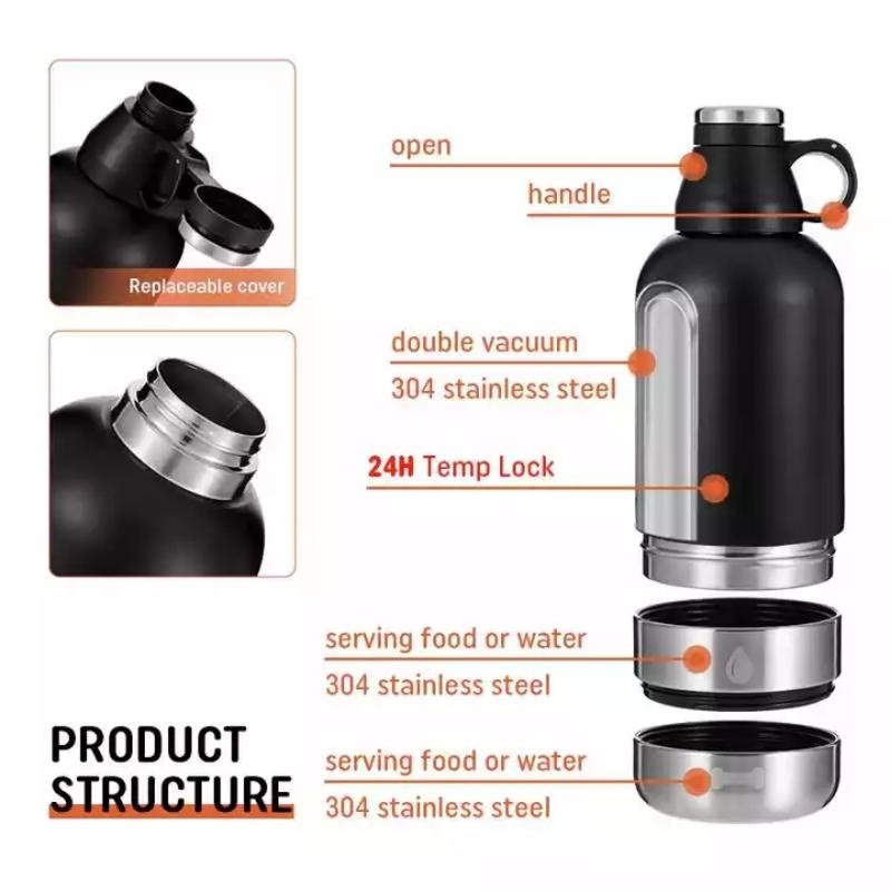 Dog Water Bottle 3 in 1 32oz 64oz custom double wall stainless steel dog water bottle Food Detachable Feeding Bowl Insulated